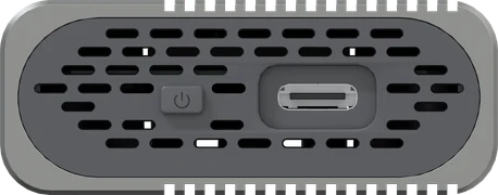 Vue de face du boîtier, avec le bouton marche/arrêt et le port USB-C