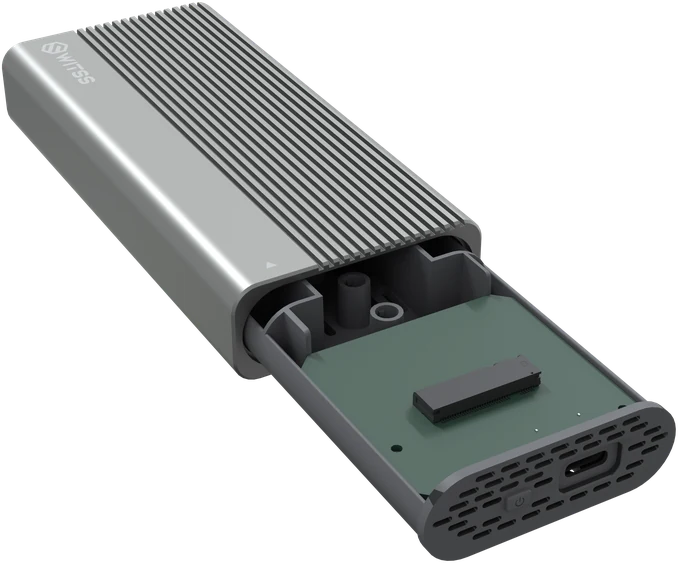 Boîtier avec le tiroir à moitié sorti côté USB-C