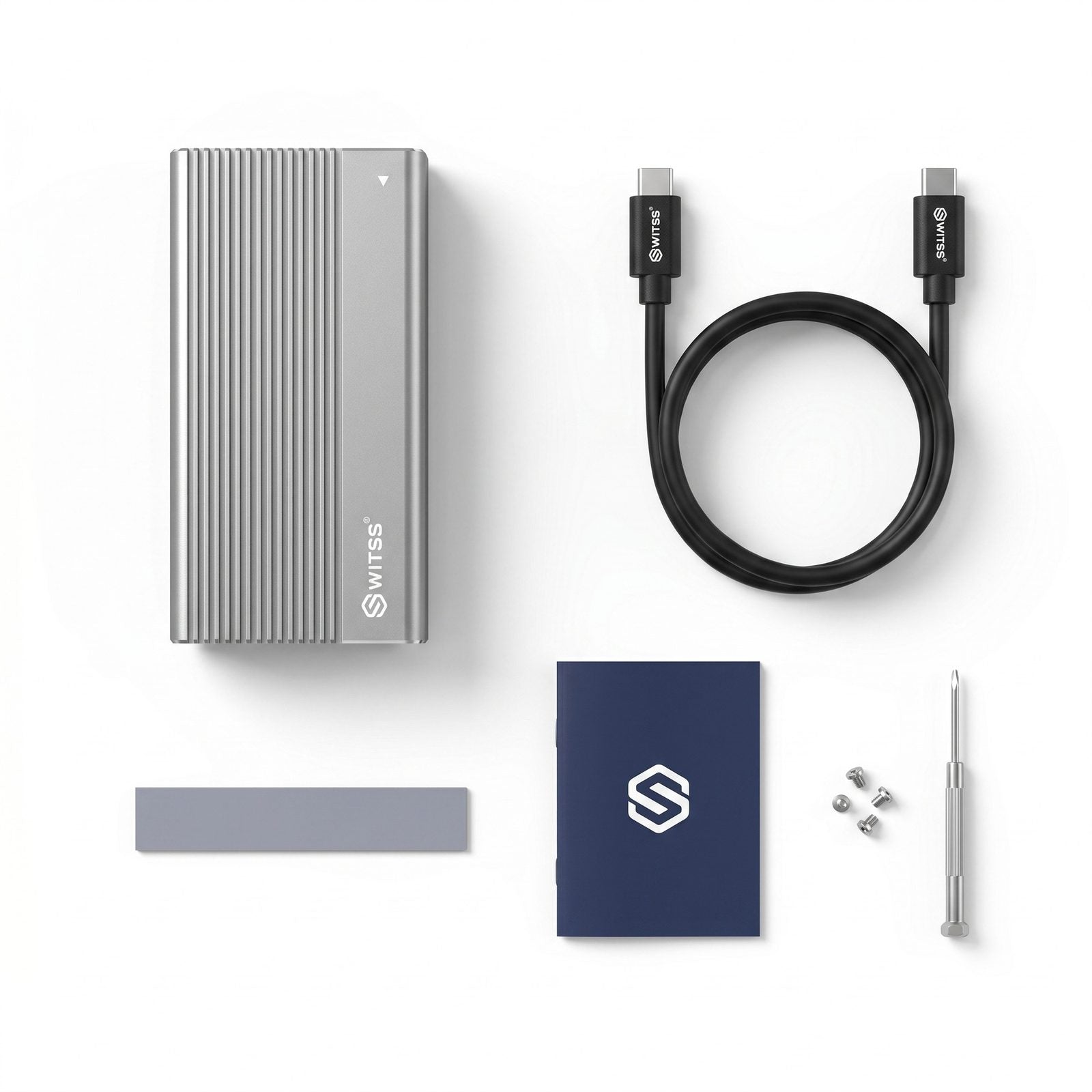 Box contents: Switss® USB4 M.2 enclosure, USB-C cable, thermal pad, manual and screws with screwdriver
