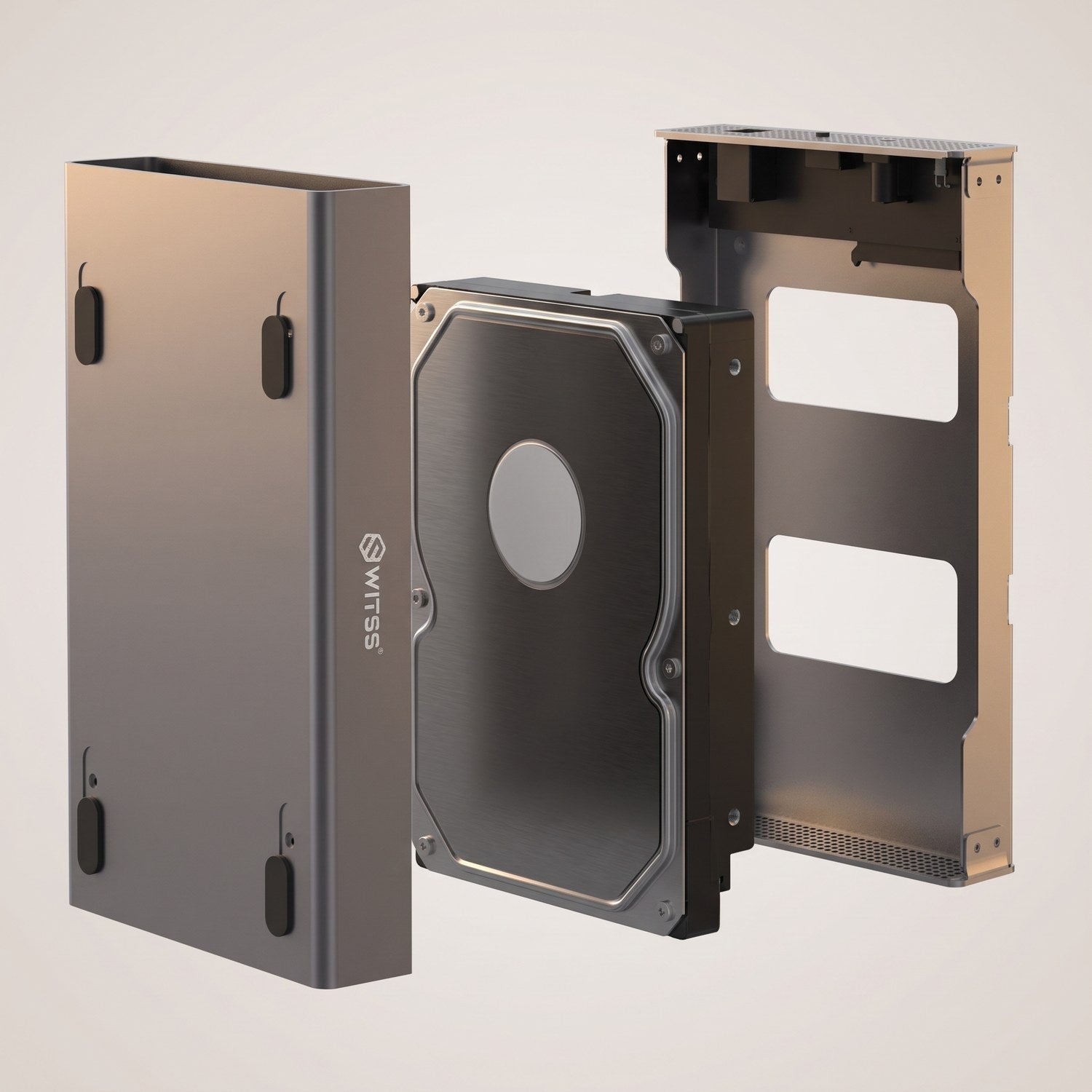 Boîtier à côté d'un disque dur, disque en cours d'installation