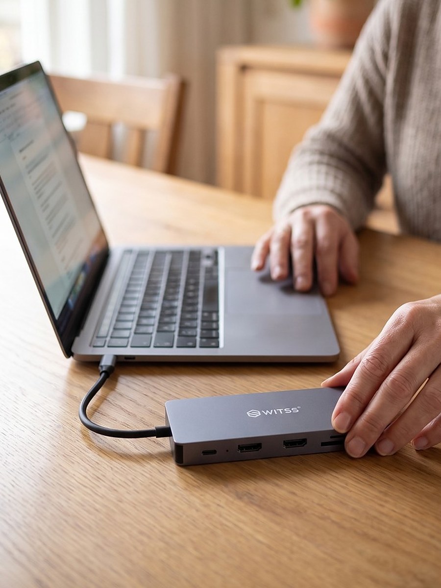 Poste de télétravail avec un ordinateur portable relié au hub Switss 12 en 1