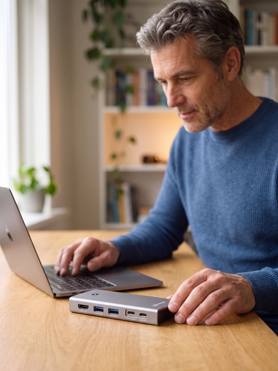 Un homme à un bureau, le dock Switss connecté à son ordinateur portable