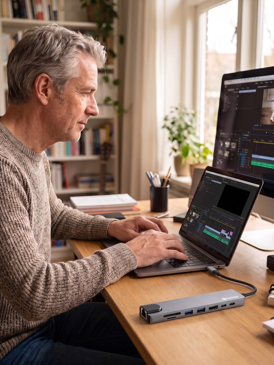 A man at a desk with a monitor, the Switss hub with everything connected