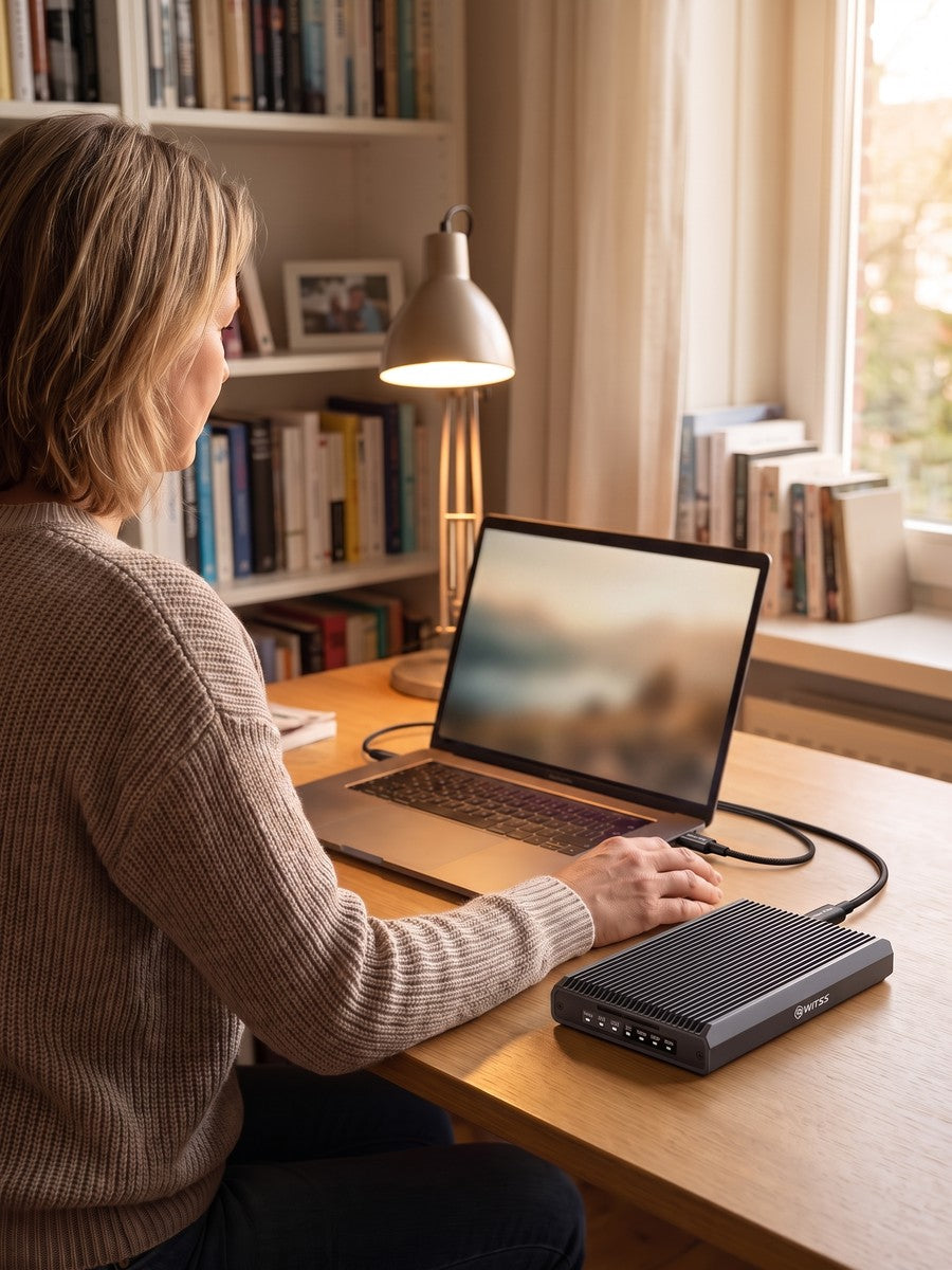 Une femme à un bureau avec un ordinateur portable et le boîtier RAID à portée de main