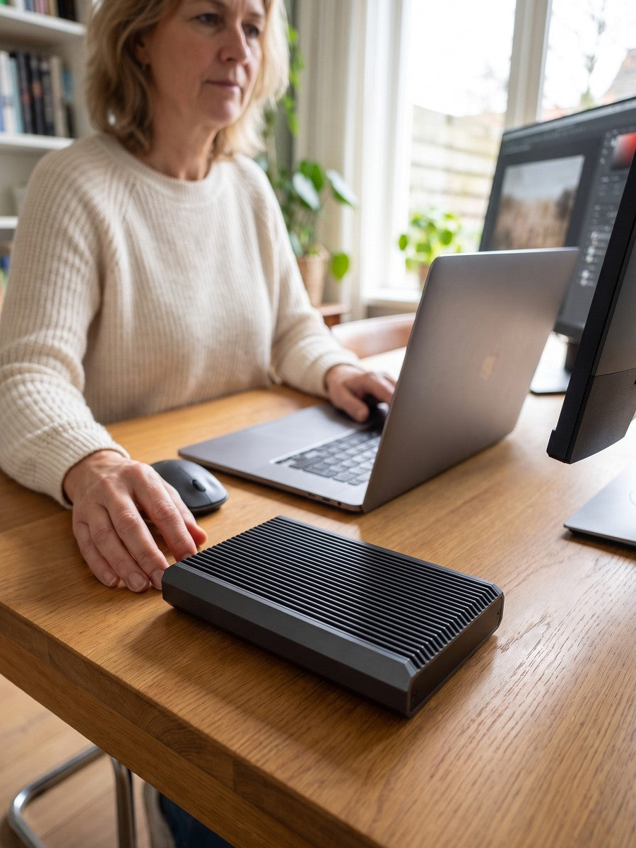 Une femme travaille à un bureau, le boîtier RAID se trouve bien en évidence à côté de son ordinateur portable