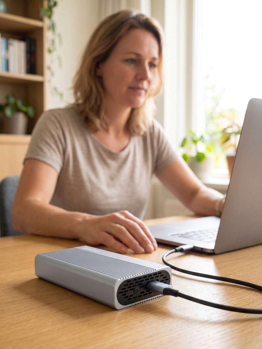 A woman works on her laptop with the Switss USB4 enclosure in the foreground